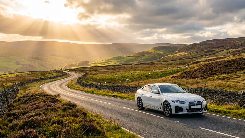 BMW i4 Gran Coupe M electric saloon on a countryside road