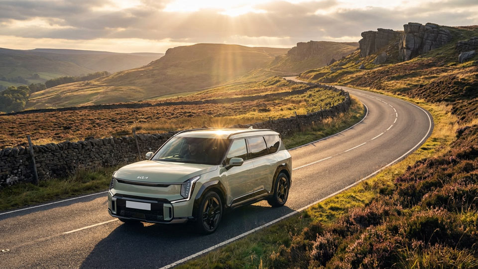 Kia EV3 electric SUV on a countryside road